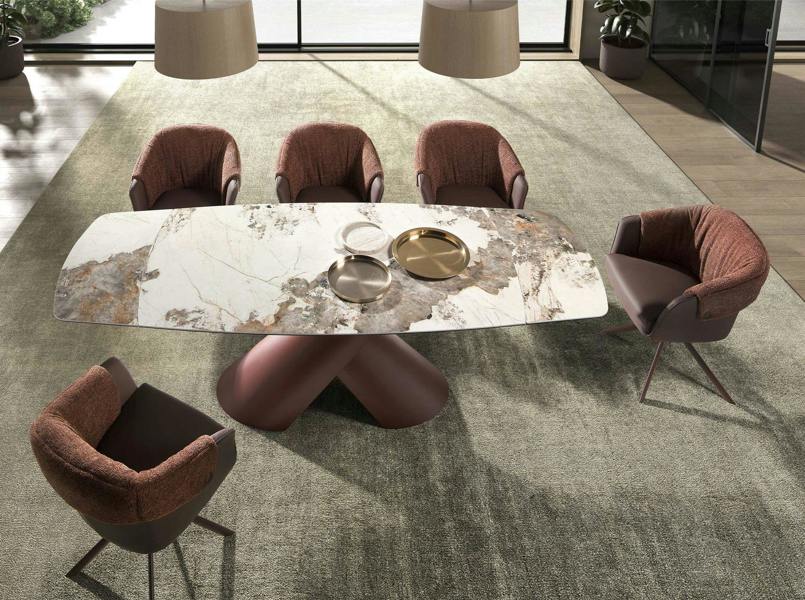 Angel Cerdá Extendable barrel oval dining table in porcelain marble and copper-brown steel 1194