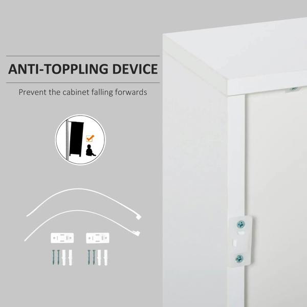 White sideboard with anti-tipping wall bracket and mounting hardware