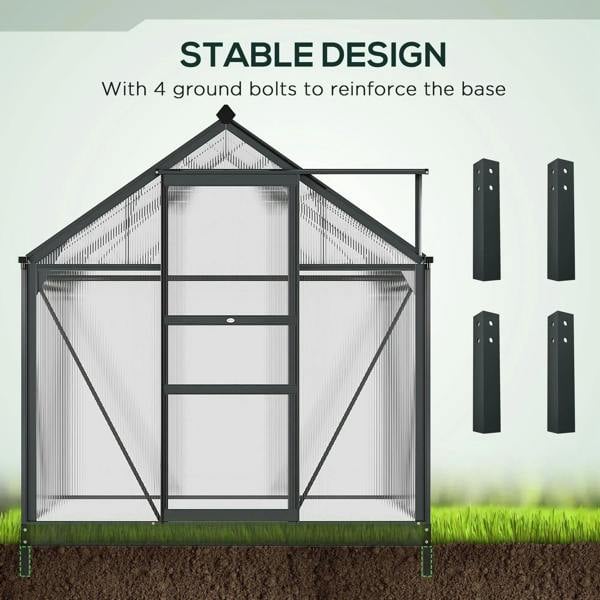 Grey aluminum greenhouse frame with clear polycarbonate panels and bolt-secured base