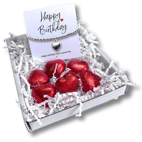 Aye Do Gifts Happy Birthday Gift Box, Silver Heart Bracelet & Chocolate Hearts