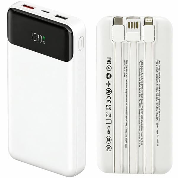 ATEK 20000mAh Portable Power Bank Built-In USB-C Lightning Cables LED Display White