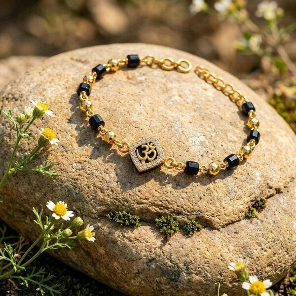 The Colourful Aura Gold Plated Black Bead Om Zircon Centre Charm Kids Nazaria Bracelet