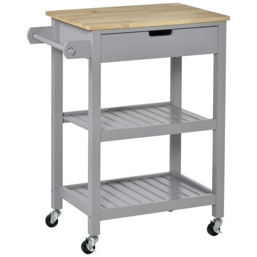 Wyld Haus Vena Wooden Grey and Natural Kitchen Trolley With Worktop Drawer And Shelves