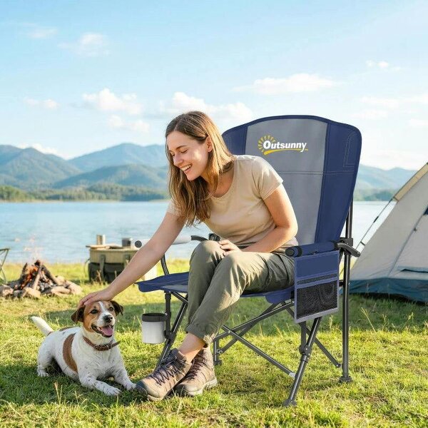 Padded Camping Chair Adults Heavy Duty Folding Chair Side Pocket Cup Holder Carry Bag Outdoor Dark Blue