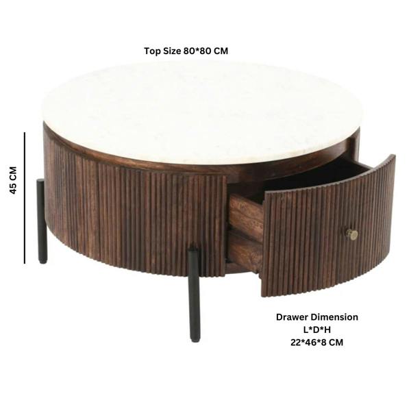 Wyld Haus Alabama Ribbed Mango Wood Round Fluted Coffee Table With Marble Top and Metal Legs