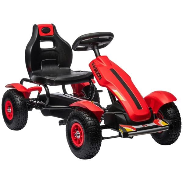 Red pedal go-kart for kids with black seat, steering wheel, and red-rim rubber tyres