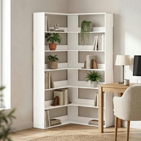 7 Tiers Bookshelf, L-Shaped Corner Bookcase with Anti-Slip Rear Guard, White Wood Effect - White Wood Effect