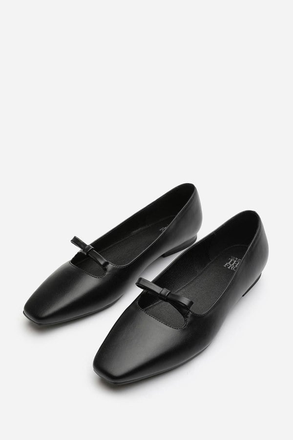 Where's That From Hope Square Toe Ballet Flats With Knot Bow In Black Faux Leather