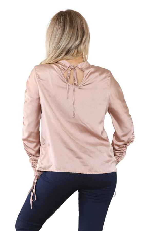 Elaina Fashion Women's Dusty Rose Gold Long Ruched Drawstring Sleeve Crew Round Neck Top 