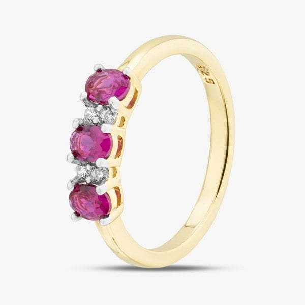 T. H. Baker Silver Gold Plated Oval & Brilliant Cut Red & White Three Stone Ring S2226Y