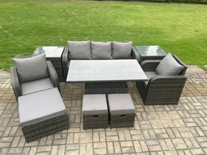 Fimous Outdoor Rattan Furniture Sofa Garden Dining Sets Height Adjustable Rising lifting Table and Chair Set With 2 Side Tables 3 Footstools