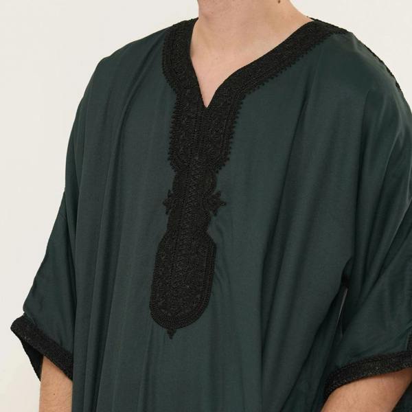 Men's Half Sleeve Embroidery Moroccan Thobe - Green - Thobez - 3