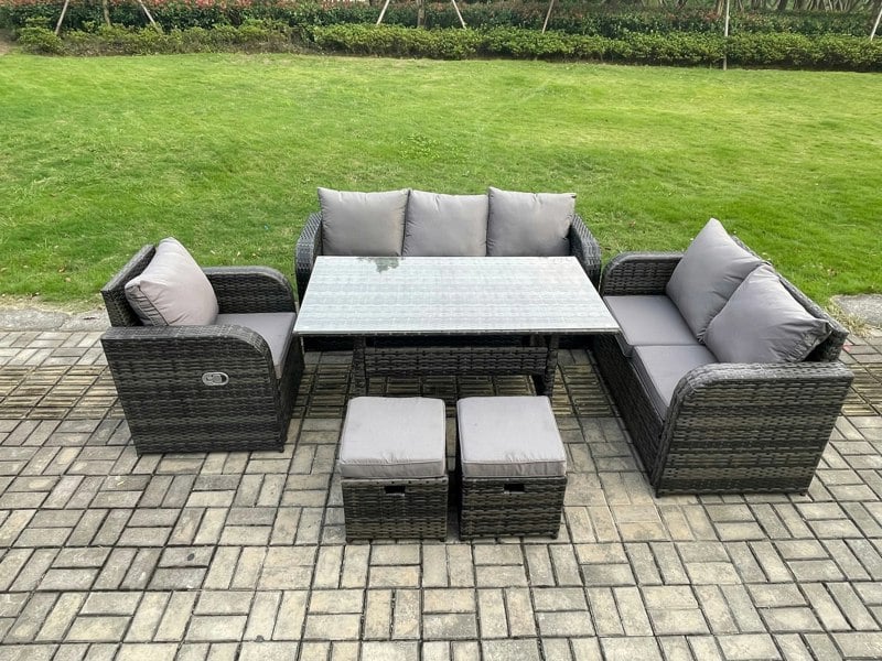 Fimous 8 Seater Rattan Garden Furniture Set with Patio Sofa Rectangular Dining Table 2 Small Footstools Indoor Conservatory Patio Set