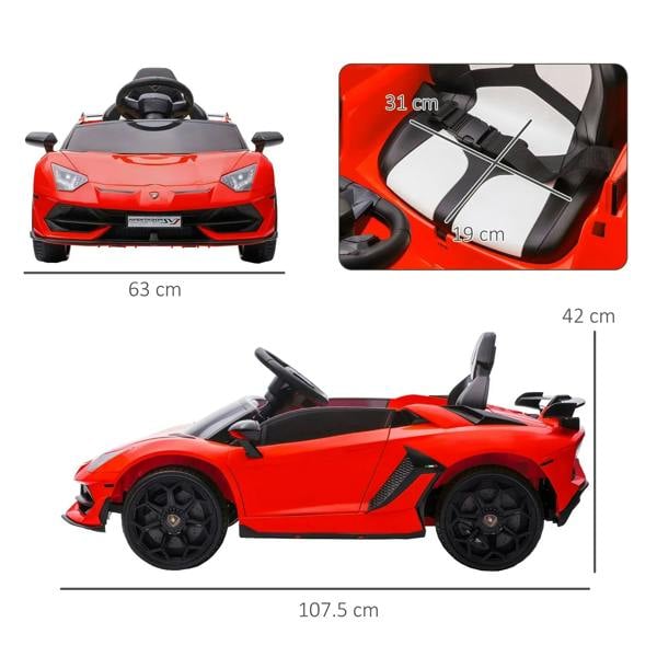 Red kids electric car shown from front and side with size measurements.