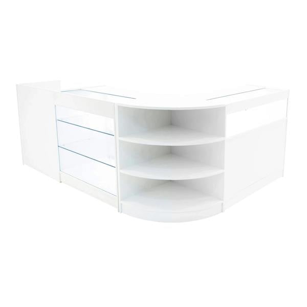 Curved white LED shop counter set featuring glass display shelves and sleek modern design, ideal for retail environments