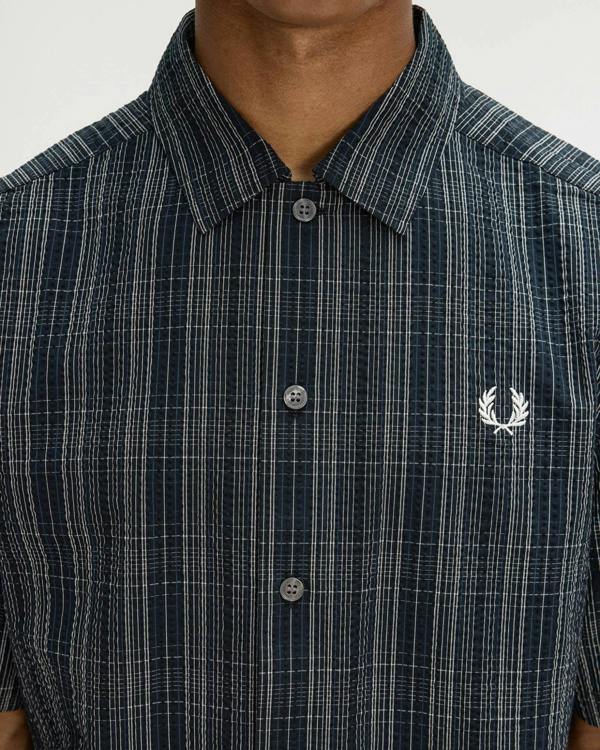 Fred Perry Mens Seersucker Check Shirt - Navy 608 | CHO | Designer Mens Short Sleeve Shirts