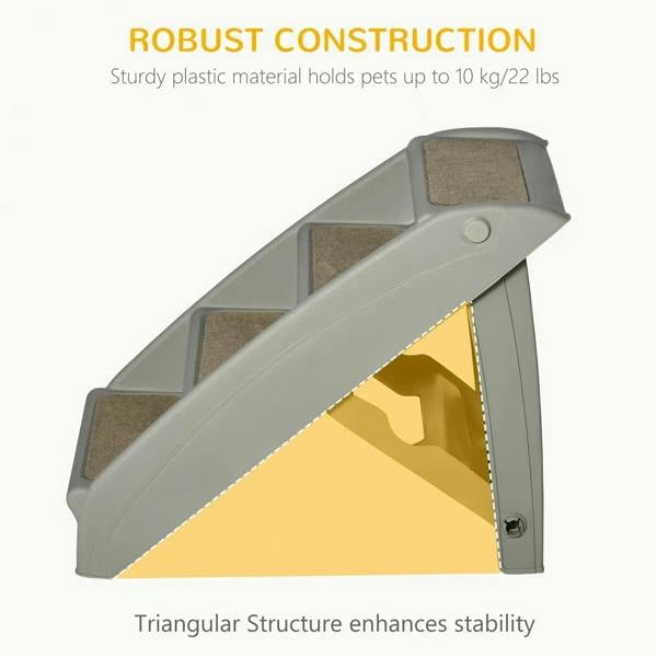 Grey foldable pet stairs with triangular structure and carpeted non-slip treads