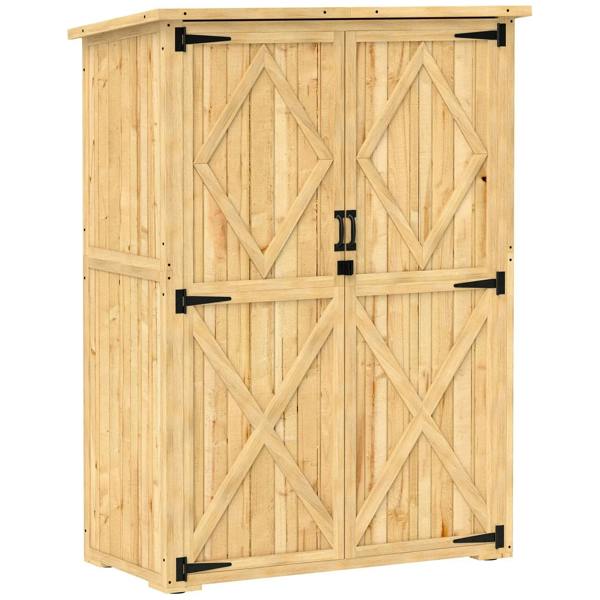 Natural wood storage shed with double doors and diagonal cross-brace panels