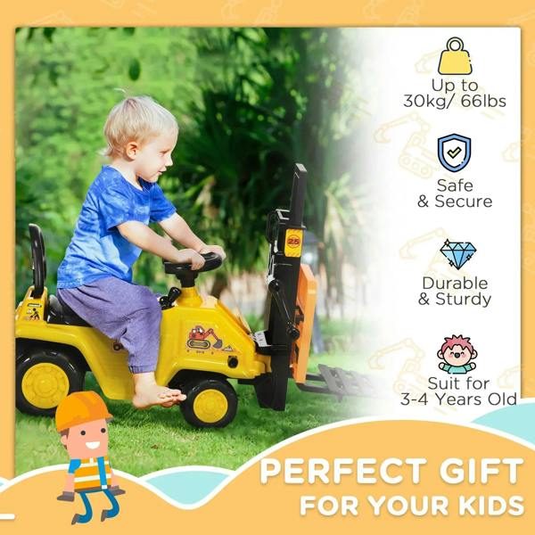 Yellow kids ride-on forklift truck with child riding and front fork lifted for loading