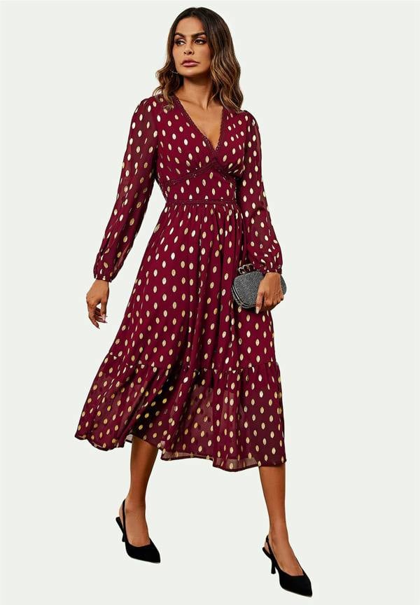 FS Collection Lace Trim Foil Long Sleeve Maxi Dress In Wine