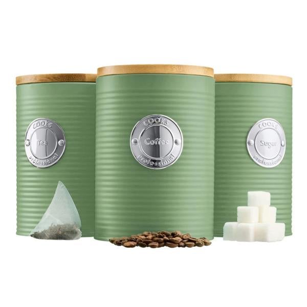 Cooks Professional 3 Piece Kitchen Storage Set with Bamboo Lids | Green / Silver