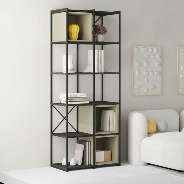 Decortie Modern Vale Midi Bookcase Display Unit 5-Tier Metal Frame 3 Adjustable Shelf 18mm Engineered Wood (Black Wood