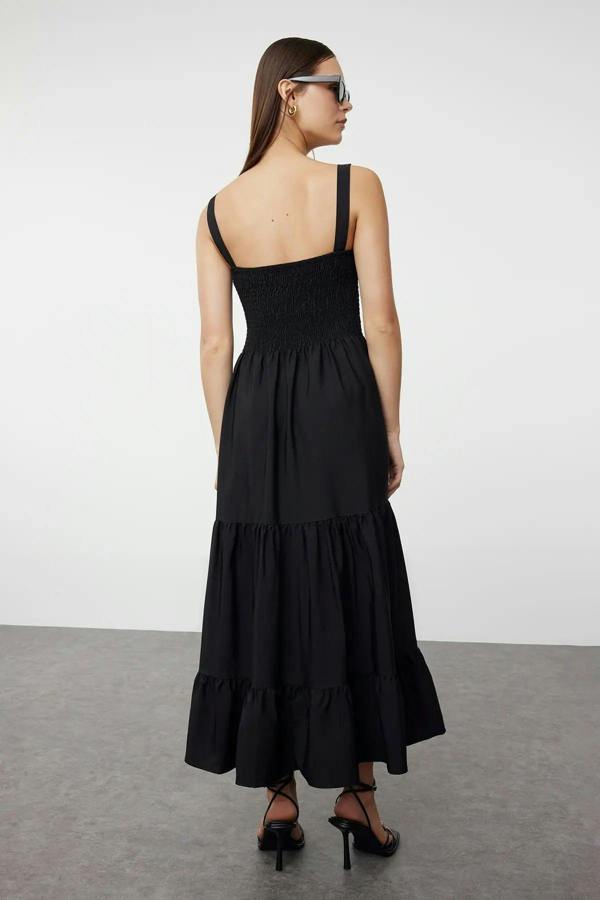 Ruched Square Neck Thick Strap A-Line Maxi Dress