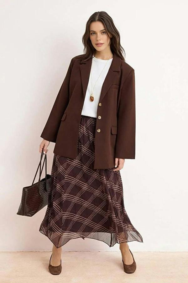 WOVCOR Chiffon Lined Asymmetrical Maxi Skirt with Elastic Waist and Plaid Hem
