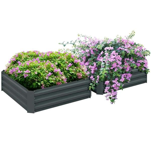 Set of two dark grey raised garden planter boxes with blooming flowers