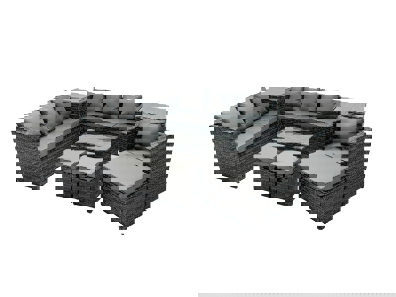 Fimous Rattan Garden Furniture Dining Set 10 seater Patio Coffee Table Sofa Set with 3 Stools 2 Side Tables Dark Grey Mixed