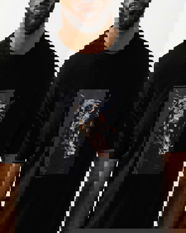 detail shot of a Model wearing a BOSS Orange Dobermann Mens Bear Graphic T-Shirt in black