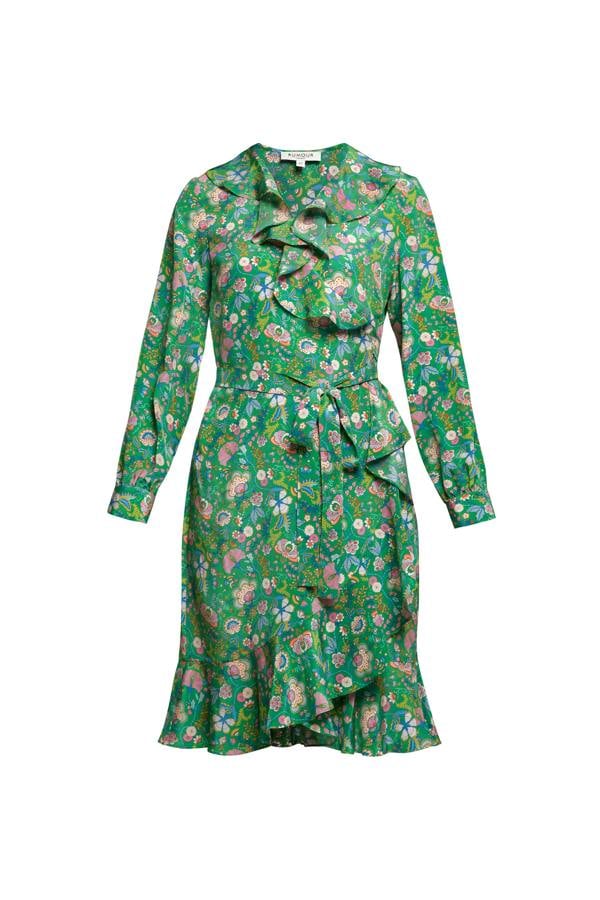 Rumour London Abby ruffled silk wrap dress in green floral print