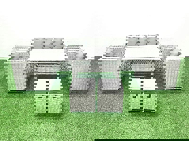 Fimous Garden Dining Set Outdoor Rattan Furniture Set with Sofa Dining Table 2 Chairs 2 Small Footstools 2 Side Tables Light Grey Mixed