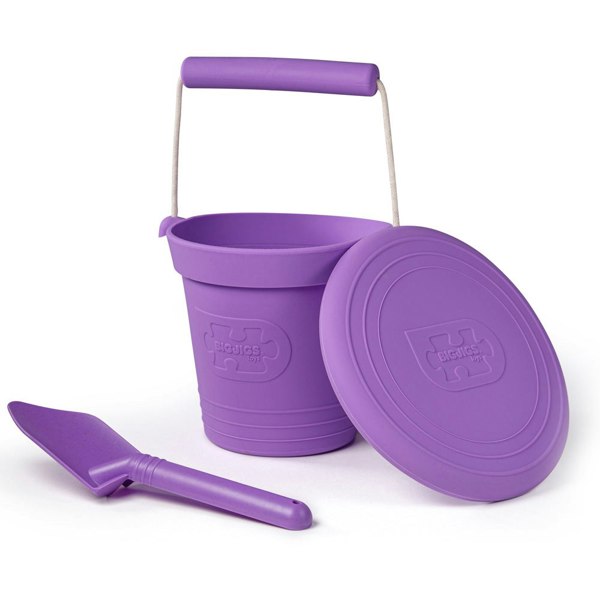 Bigjigs Toys 3 Silicone Beach Toys, Bucket, Flyer and Spade - Purple