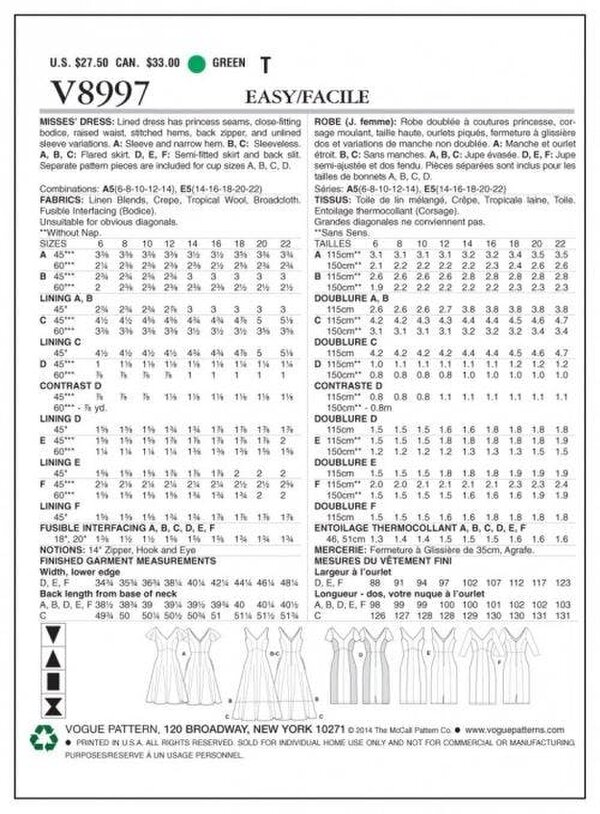 Vogue Sewing Pattern 8997, Dresses for Women, 6-8-10-12-14 - Easy