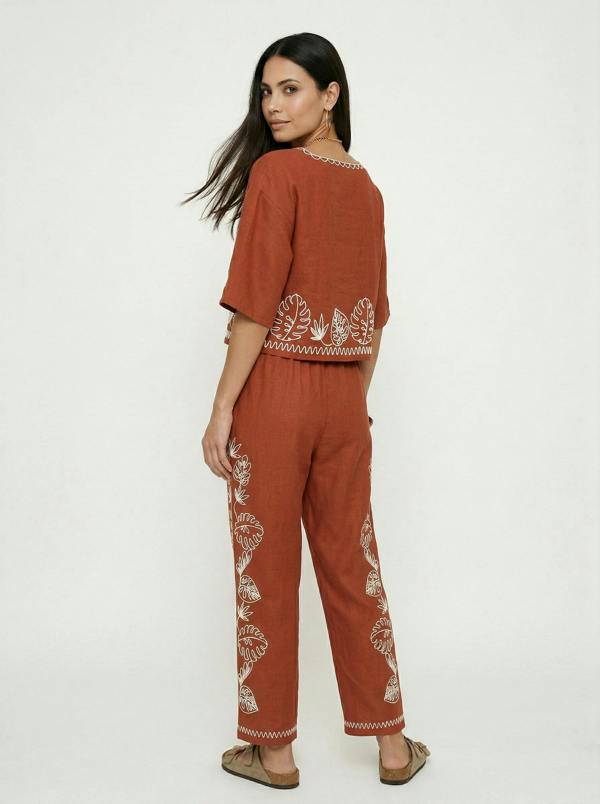 Raffya Tilly High Waist Embroidered Trouser In Rust