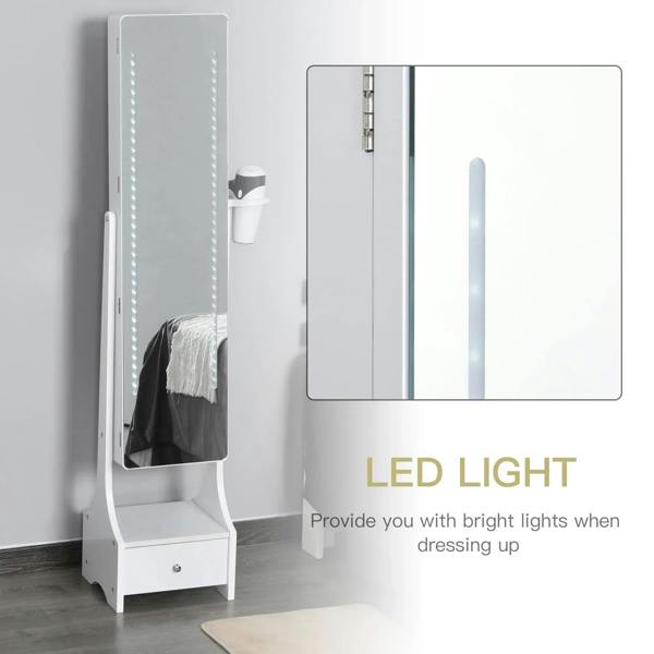White standing mirror jewelry cabinet with LED light strip and side accessory hook
