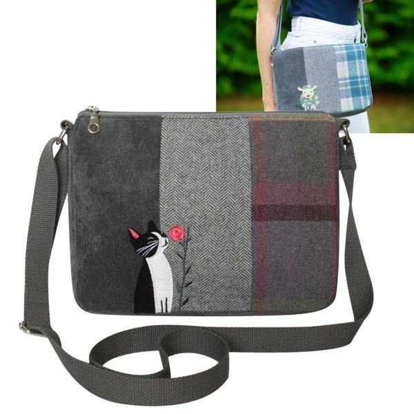 Earth Squared Cat & Rose Tartan Tweed Messenger Bag
