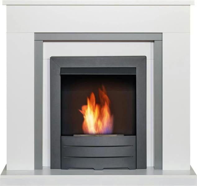 Adam Milan Fireplace in Pure White & Grey with Colorado Bio Ethanol Fire in Black, 39 Inch