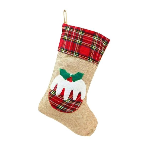 Large Christmas Stocking 45cm Brown Hessian Pudding Print Hanging Sack Sock image 1