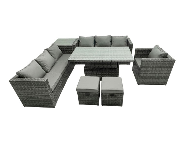 Fimous 9 Seater?Outdoor Rattan Sofa Set Adjustable Rising Lifting Side Tables Chairs Footstool Dark Grey Mixed