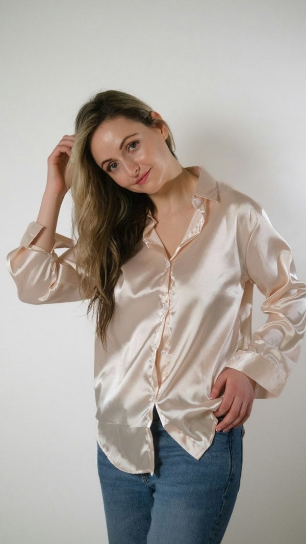 The Colourful Aura Beige Silk Satin Plain Long Sleeve Solid Print Loose Shirt