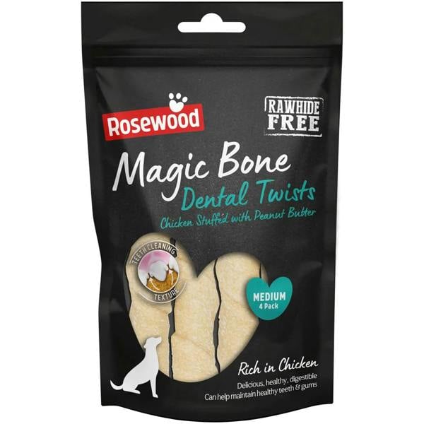 Rosewood Magic Bone Dental Twists Medium Dog Treat With Chicken, Peanut Butter Flavour 120g (4 Treats)