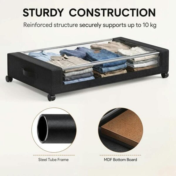 Bobobiy 40L Under Bed Storage On Wheels Pack of 2, Fabric Rolling Under Bed Drawers with Clear Lid, Zip, Steel Frame, Black