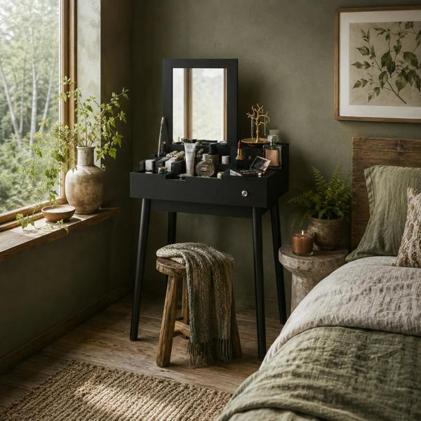 Wyld Haus Sinotti Black Dressing Table With Flip Up Mirror 2 Drawers And Wood Legs