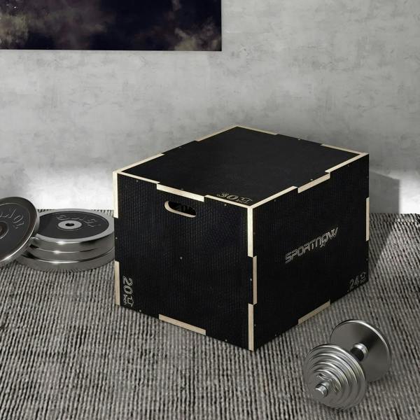 Black wooden multi-height jump box with top carry handle slot and side measurements