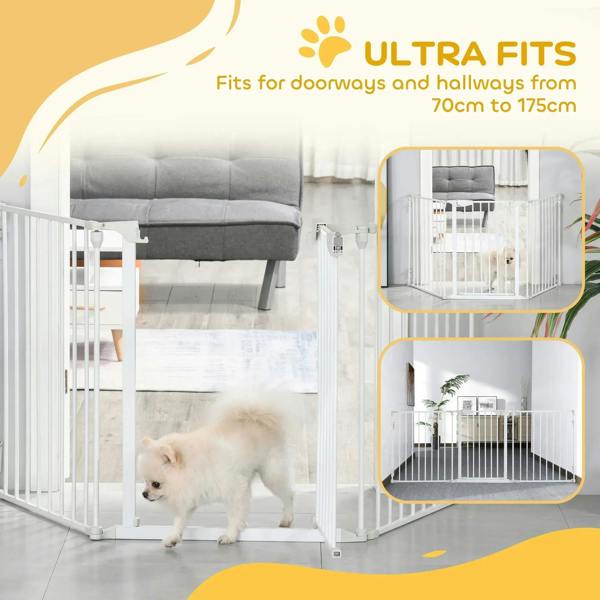 White pet safety gate enclosure with vertical bars shown in doorway and hallway