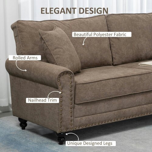 Wyld Haus Soleka Fabric Brown 3 Seater Sofa With Rubberwood Legs Nail Head Trim And 2 Cushions