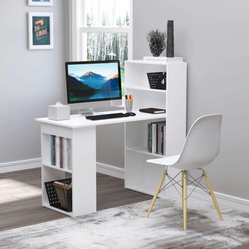 Wyld Haus Zire 120cm Wooden White Study Desk With 6 Tier Bookshelf Storage