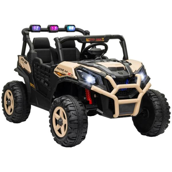 Khaki kids electric ride-on 2-seat buggy with front LED headlights, roll bar, wheels